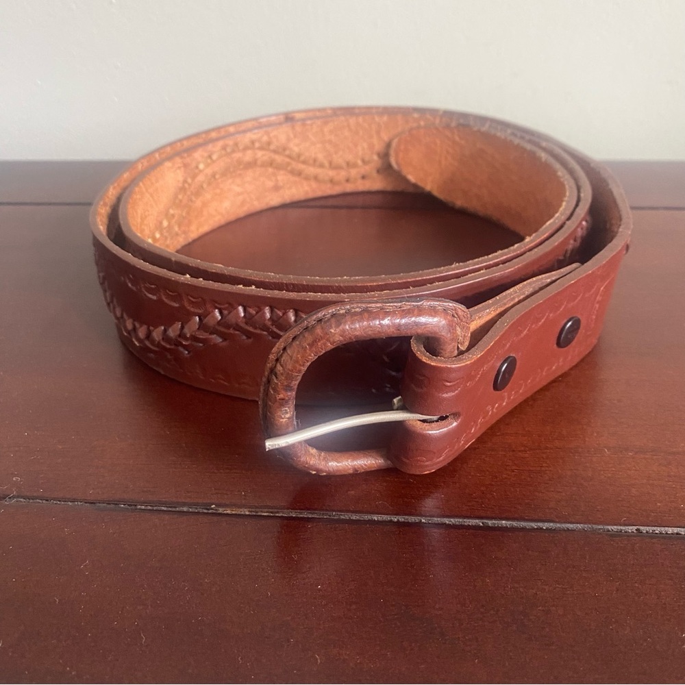VTG Men's 70s Brown Leather Tooled/Braided Western Belt